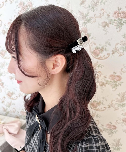 ヘアクリップ　レースとデニム　No.628 ROJITA（ロジータ）の「レース付きベロアリボンクリップSET