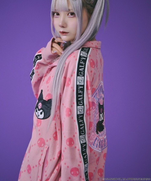 ストリートファッション GALFY×KUROMI ガルフィー×クロミ コラボ ドクロだらけセットアップ クロミちゃんセットアップ 総柄セットアップ ジャージセットアップ 長袖 パンツ 羽織り ストリートブランド Y2K（ジャージ）｜GALFY（ガルフィー）