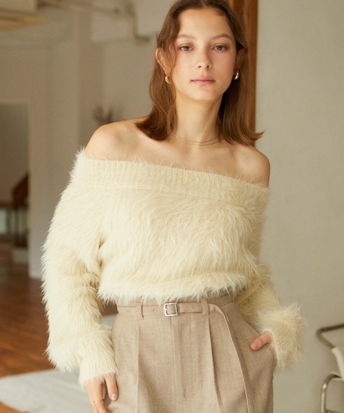 archives（アルシーヴ）の「シャギーオフショルニット（ニット/セーター・レディース・ベージュ/ブラウン/ブルーグレー/アイボリー・MEDIUM）」の2枚目の写真