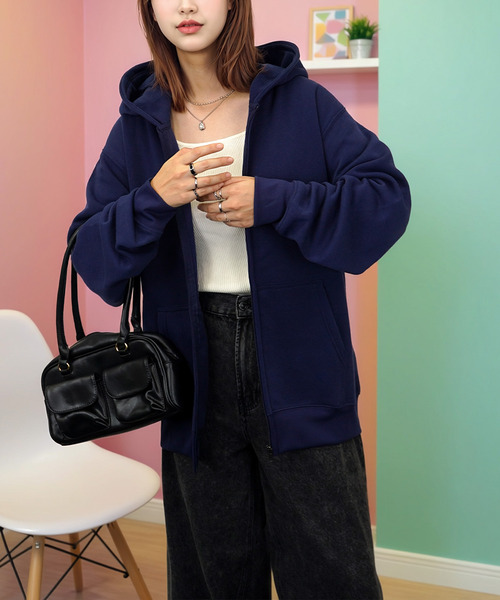 Candlestick(キャンドルスティック)の「ロングシーズン 使える 無地 ジップアップ パーカー スウェット パーカー(パーカー・レディース・スミクロ/モカ/ブラック/杢グレー/ネイビー/ホワイト系/ライトブラック・M/L/LL)」の10枚目の写真