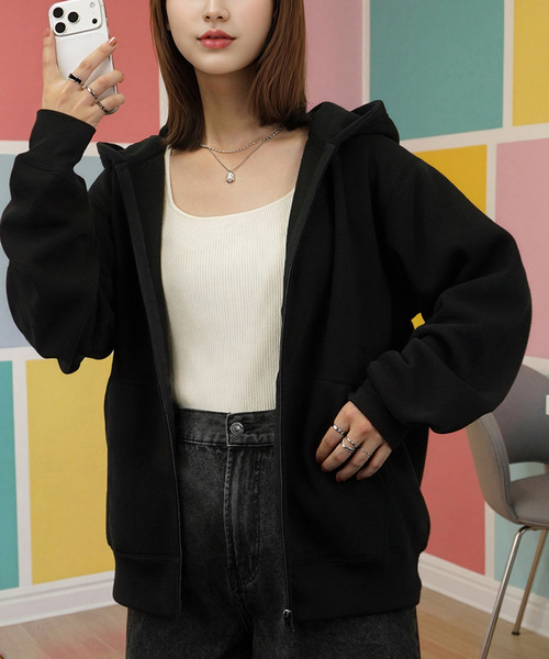 Candlestick(キャンドルスティック)の「ロングシーズン 使える 無地 ジップアップ パーカー スウェット パーカー(パーカー・レディース・スミクロ/モカ/ブラック/杢グレー/ネイビー/ホワイト系/ライトブラック・M/L/LL)」の16枚目の写真