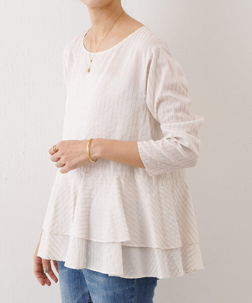 BEARDSLEY（ビアズリー）の「裾フリルストライプブラウス（シャツ/ブラウス・レディース・サックスブルー/アイボリー・FREE）」の12枚目の写真
