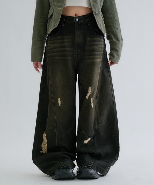 SERENEDEO ブラック ダメージデニムパンツ 28インチ EPNK】Curve damage denim pants / カーブダメージデニムパンツ