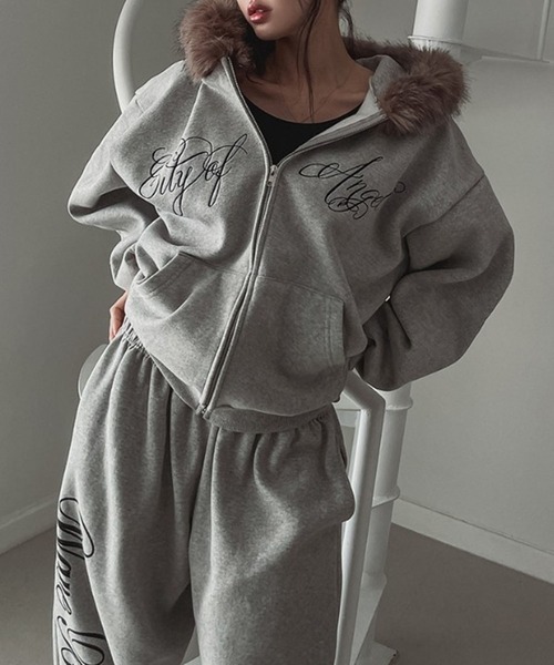 ファーフードジップアップパーカー/裏起毛パーカー（パーカー）｜LYEON