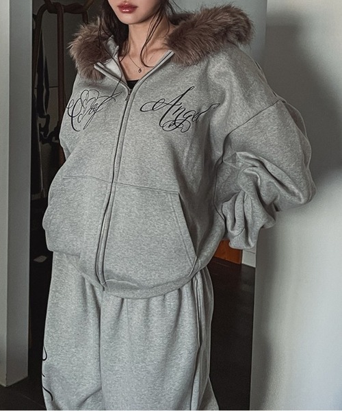 LYEON(リヨン)の「ファーフードジップアップパーカー/裏起毛パーカー(パーカー・レディース・グレー/ブラック・FREE)」の9枚目の写真