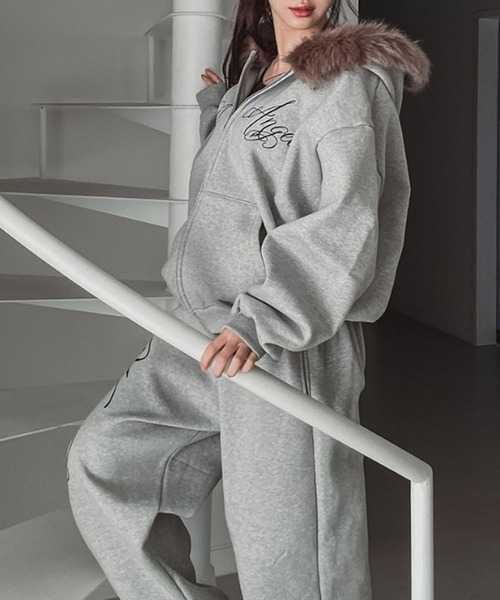 ファーフードジップアップパーカー/裏起毛パーカー（パーカー