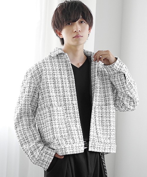 MinoriTY（マイノリティ）の「【MinoriTY】ショート丈ツイードシャツジャケット 2025SS（ブルゾン・メンズ・ホワイト/ブラック・M/L）」の2枚目の写真