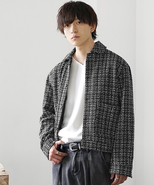 MinoriTY（マイノリティ）の「【MinoriTY】ショート丈ツイードシャツジャケット 2025SS（ブルゾン・メンズ・ホワイト/ブラック・M/L）」の6枚目の写真