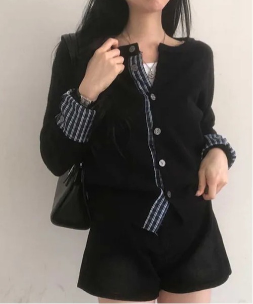 gossip!ロサンゼルス(ゴシップロサンゼルス)の「Y2K チェックシャツレイヤードカーディガン(Tシャツ/カットソー・レディース・ブラック/ワイン/ネイビー/ホワイト/グレー・FREE)」の3枚目の写真