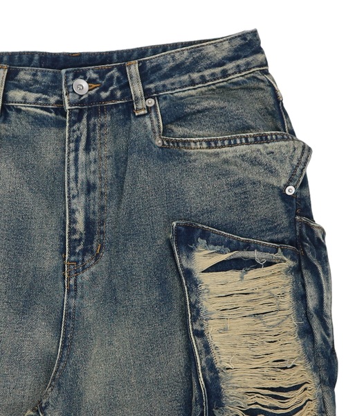 tinkerend（ティンカーエンド）の「【ユニセックス】Damage Wide Denim / ダメージワイドデニムパンツ（デニムパンツ・レディース・ブルー/ブラック・M/L）」の7枚目の写真