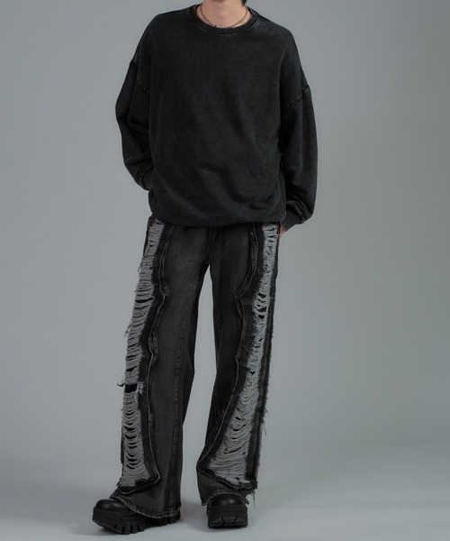 tinkerend（ティンカーエンド）の「【ユニセックス】Damage Wide Denim / ダメージワイドデニムパンツ（デニムパンツ・レディース・ブルー/ブラック・M/L）」の12枚目の写真