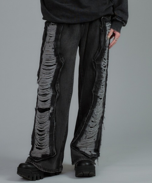 tinkerend（ティンカーエンド）の「【ユニセックス】Damage Wide Denim / ダメージワイドデニムパンツ（デニムパンツ・レディース・ブルー/ブラック・M/L）」の19枚目の写真