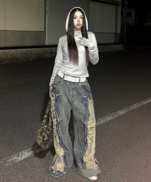 ボクマー DAMAGE WIDE デニム ユニセックス】Damage Wide Denim / ダメージワイドデニムパンツ