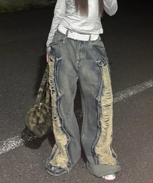 ユニセックス】Damage Wide Denim / ダメージワイドデニムパンツ