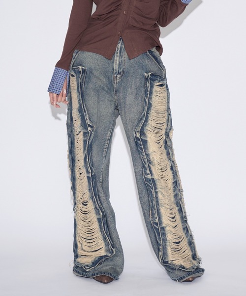 tinkerend（ティンカーエンド）の「【ユニセックス】Damage Wide Denim / ダメージワイドデニムパンツ（デニムパンツ・レディース・ブルー/ブラック・M/L）」の21枚目の写真