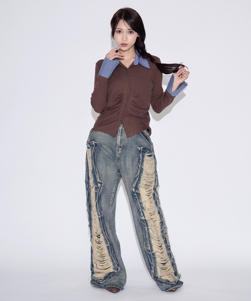 tinkerend（ティンカーエンド）の「【ユニセックス】Damage Wide Denim / ダメージワイドデニムパンツ（デニムパンツ・レディース・ブルー/ブラック・M/L）」の13枚目の写真