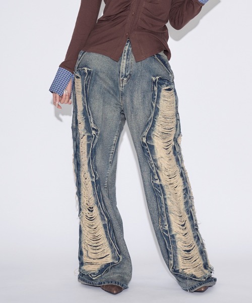 tinkerend（ティンカーエンド）の「【ユニセックス】Damage Wide Denim / ダメージワイドデニムパンツ（デニムパンツ・レディース・ブルー/ブラック・M/L）」の22枚目の写真