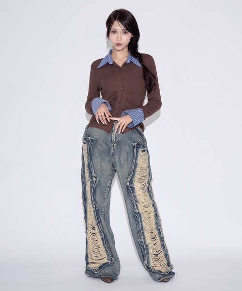 tinkerend（ティンカーエンド）の「【ユニセックス】Damage Wide Denim / ダメージワイドデニムパンツ（デニムパンツ・レディース・ブルー/ブラック・M/L）」の14枚目の写真