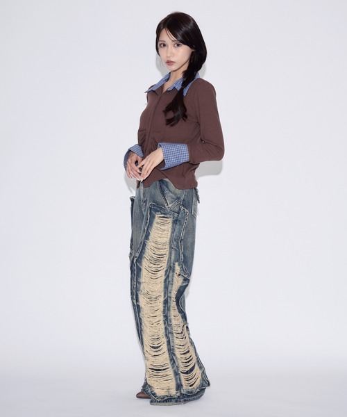 tinkerend（ティンカーエンド）の「【ユニセックス】Damage Wide Denim / ダメージワイドデニムパンツ（デニムパンツ・レディース・ブルー/ブラック・M/L）」の15枚目の写真