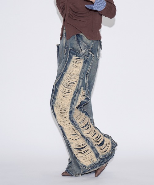 tinkerend（ティンカーエンド）の「【ユニセックス】Damage Wide Denim / ダメージワイドデニムパンツ（デニムパンツ・レディース・ブルー/ブラック・M/L）」の11枚目の写真