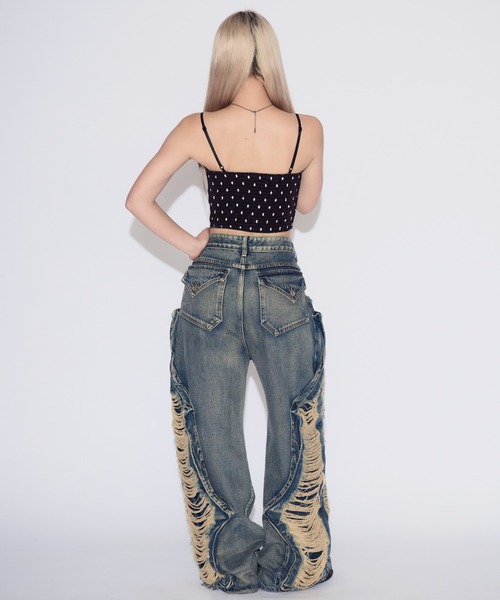 tinkerend（ティンカーエンド）の「【ユニセックス】Damage Wide Denim / ダメージワイドデニムパンツ（デニムパンツ・レディース・ブルー/ブラック・M/L）」の21枚目の写真