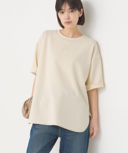 OMNES（オムネス）の「カットジョーゼットガゼット裾ラウンド半袖プルオーバー（Tシャツ/カットソー・レディース・ライトグレー/ブラック/アイボリー・FREE）」の2枚目の写真