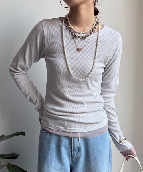 DouDou（ドゥドゥ）の「チュールTEE/テレコTEEセット（Tシャツ/カットソー・レディース・ライトグレー/オフホワイト/ブラック・FREE）」の2枚目の写真