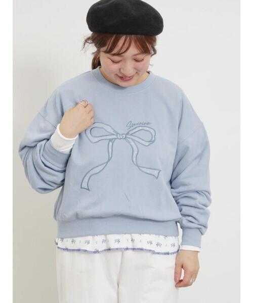 Samansa Mos2（サマンサ モスモス）の「リボン&ロゴチュールアップリケ刺繍スウェット（Tシャツ/カットソー・レディース・ブラック/グレー/ピンク/ブルー/オフホワイト・F）」の4枚目の写真