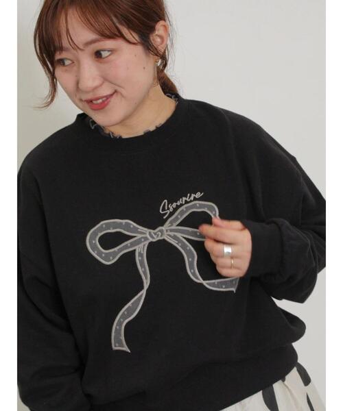 Samansa Mos2（サマンサ モスモス）の「リボン&ロゴチュールアップリケ刺繍スウェット（Tシャツ/カットソー・レディース・ブラック/グレー/ピンク/ブルー/オフホワイト・F）」の10枚目の写真