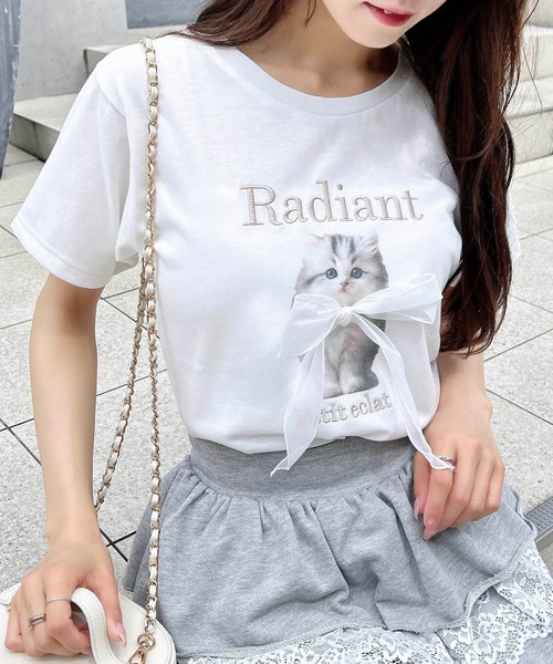 INGNI（イング）の「装飾リボン付ねこTシャツ（Tシャツ/カットソー・レディース・ライトピンク/オフホワイト/チャコールグレー・M）」の2枚目の写真