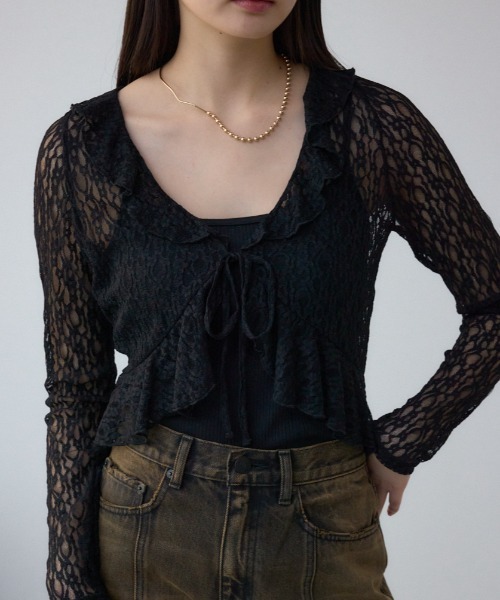 AZUL by moussy（アズールバイマウジー）の「レースフリルカーディガン（カーディガン/ボレロ・レディース・アイボリー/ブラック/ブルー・FREE）」の3枚目の写真