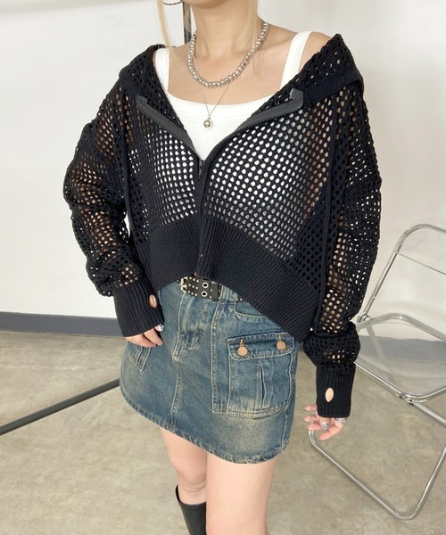 non-hedge(ノンヘッジ)の「透かし編みニットジップパーカー(パーカー・レディース・モカ/オフホワイト/チャコールグレー/ブラック・FREE)」の2枚目の写真