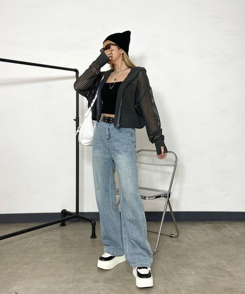 non-hedge(ノンヘッジ)の「透かし編みニットジップパーカー(パーカー・レディース・モカ/オフホワイト/チャコールグレー/ブラック・FREE)」の21枚目の写真