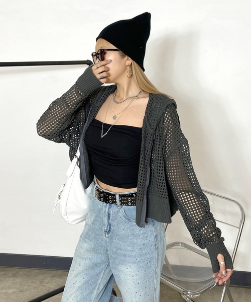 non-hedge(ノンヘッジ)の「透かし編みニットジップパーカー(パーカー・レディース・モカ/オフホワイト/チャコールグレー/ブラック・FREE)」の22枚目の写真