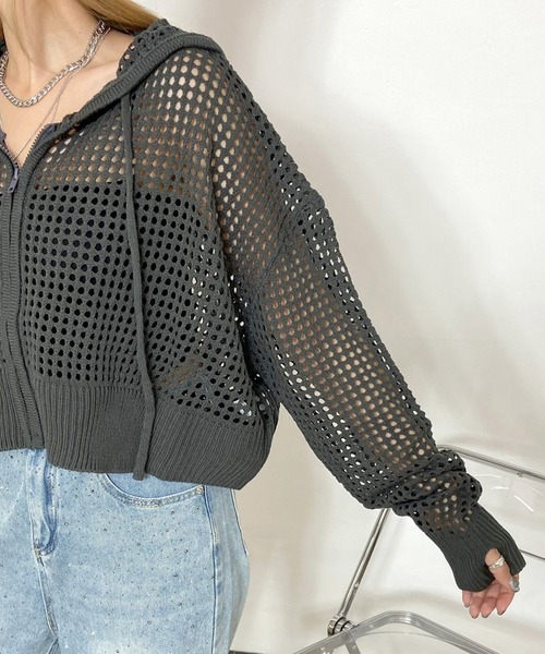 non-hedge(ノンヘッジ)の「透かし編みニットジップパーカー(パーカー・レディース・モカ/オフホワイト/チャコールグレー/ブラック・FREE)」の16枚目の写真