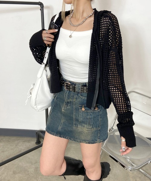 non-hedge(ノンヘッジ)の「透かし編みニットジップパーカー(パーカー・レディース・モカ/オフホワイト/チャコールグレー/ブラック・FREE)」の10枚目の写真