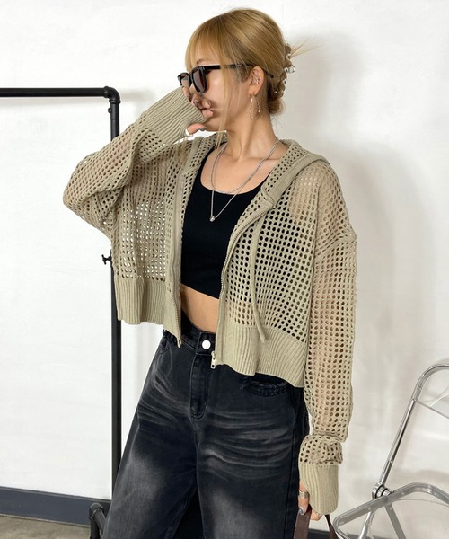 non-hedge(ノンヘッジ)の「透かし編みニットジップパーカー(パーカー・レディース・モカ/オフホワイト/チャコールグレー/ブラック・FREE)」の12枚目の写真