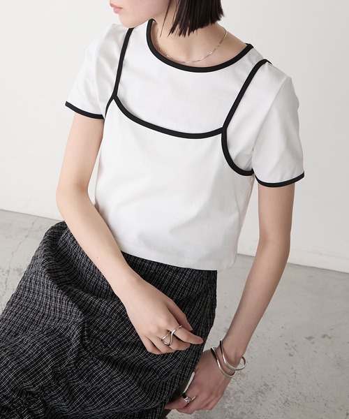≪Cider≫\tオフショルダー半袖Tシャツ & キャミソールセット Achic tシャツ オフショル半袖ボーダーカットソー レディース