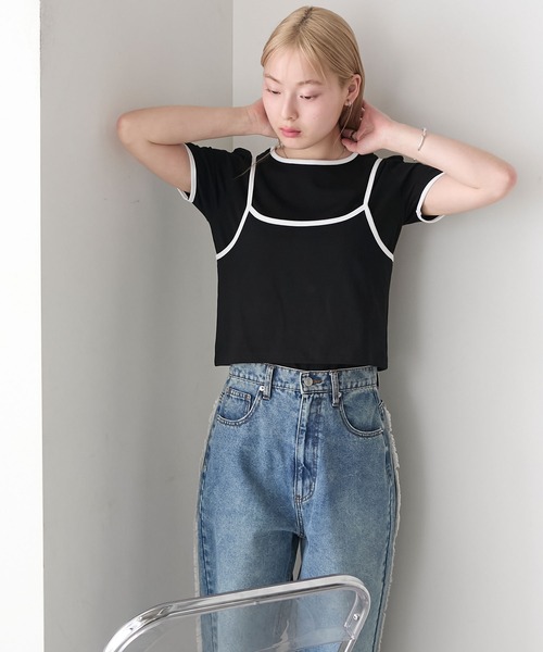 forksy.（フォルクシー）の「【forksy.】<2点セット> パイピング レイヤード キャミソール & Tシャツ（Tシャツ/カットソー・レディース・ブルー/ブラック/イエロー/ホワイト・FREE）」の2枚目の写真