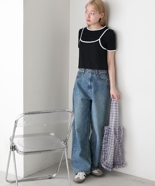 forksy.（フォルクシー）の「【forksy.】<2点セット> パイピング レイヤード キャミソール & Tシャツ（Tシャツ/カットソー・レディース・ブルー/ブラック/イエロー/ホワイト・FREE）」の6枚目の写真