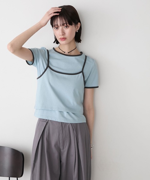 forksy.（フォルクシー）の「【forksy.】<2点セット> パイピング レイヤード キャミソール & Tシャツ（Tシャツ/カットソー・レディース・ブルー/ブラック/イエロー/ホワイト・FREE）」の8枚目の写真