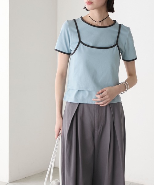 forksy.（フォルクシー）の「【forksy.】<2点セット> パイピング レイヤード キャミソール & Tシャツ（Tシャツ/カットソー・レディース・ブルー/ブラック/イエロー/ホワイト・FREE）」の9枚目の写真