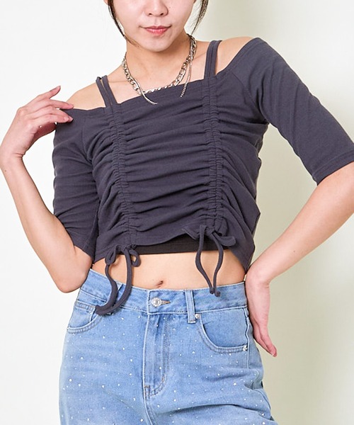 GORGE(ゴージ)の「《オフショル×ドロスト》レディース テレコ半袖トップス セクシー カジュアル 春夏秋(Tシャツ/カットソー・レディース・ブラック/オフホワイト/チャコール・F)」の3枚目の写真