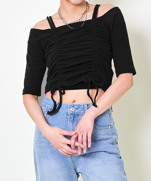 セール】テレコオフショルドロスト半袖トップス（Tシャツ