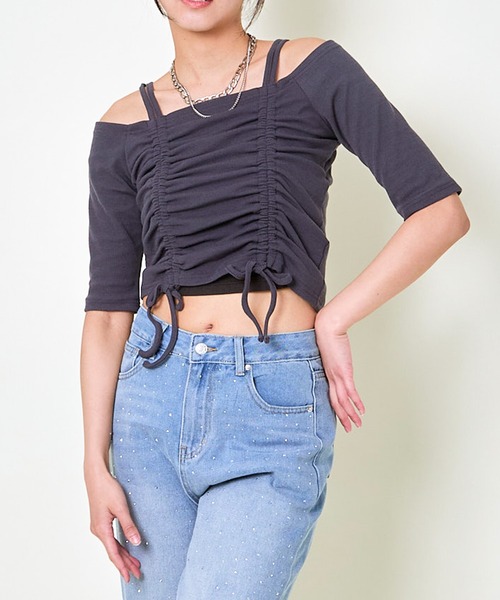 GORGE(ゴージ)の「《オフショル×ドロスト》レディース テレコ半袖トップス セクシー カジュアル 春夏秋(Tシャツ/カットソー・レディース・ブラック/オフホワイト/チャコール・F)」の4枚目の写真
