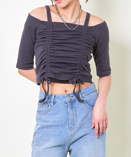 GORGE(ゴージ)の「《オフショル×ドロスト》レディース テレコ半袖トップス セクシー カジュアル 春夏秋(Tシャツ/カットソー・レディース・ブラック/オフホワイト/チャコール・F)」の6枚目の写真