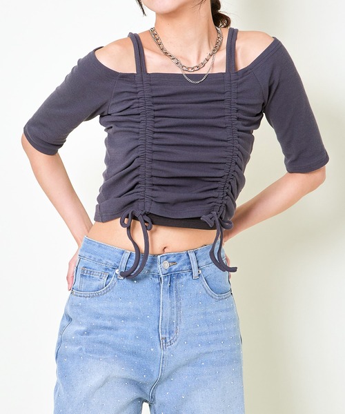 GORGE(ゴージ)の「《オフショル×ドロスト》レディース テレコ半袖トップス セクシー カジュアル 春夏秋(Tシャツ/カットソー・レディース・ブラック/オフホワイト/チャコール・F)」の9枚目の写真