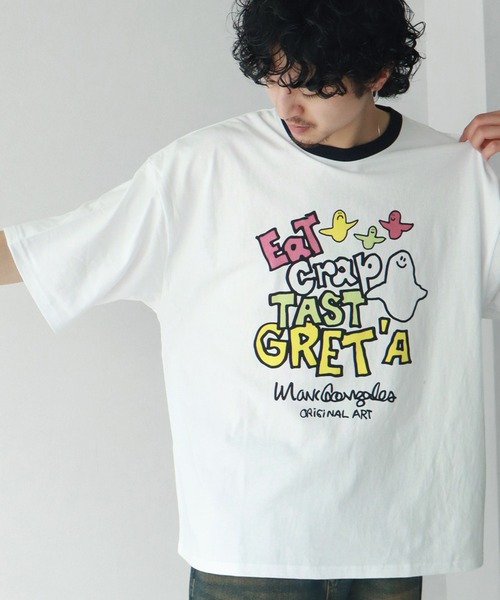 Mark Gonzales(マーク・ゴンザレス)の「【Mark Gonzales/マーク ゴンザレス】アートワークデザイン プリントリンガー半袖Tシャツ(Tシャツ/カットソー・メンズ・ブラック/ホワイト/ホワイト系その他/ホワイト系その他2/グレー系その他/ホワイト系その他5/ホワイト系その他3/ブラック系その他/ホワイト系その他4/グレー・L/M/XL)」の4枚目の写真