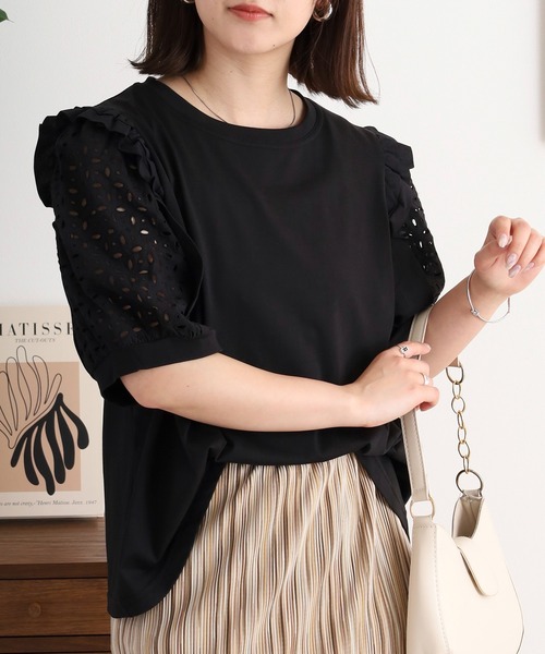 BRODIAEA(ブローディア)の「BRODIAEA 袖レースフリル付きカットソー(Tシャツ/カットソー・レディース・ブラック/ネイビー/オフホワイト/グレー・40)」の11枚目の写真