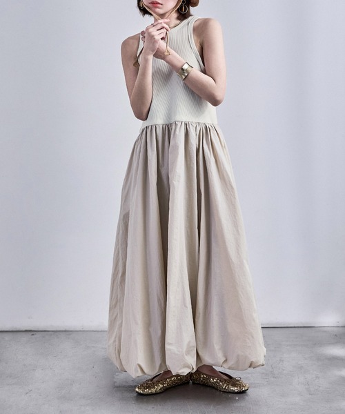 Fashion Letter（ファッションレター）の「リブ×ナイロンタフタ バルーンワンピース（ワンピース・レディース・アイボリー/グレー/ネイビー/ブラック・M）」の2枚目の写真